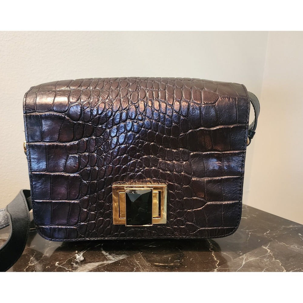 Badgley Mischka Leather Handbag Metallic Brown/Black Croc Embossed Look - Picture 9 of 12